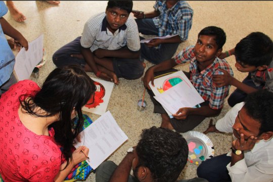 Children with their heart paintings in Chennai, South India